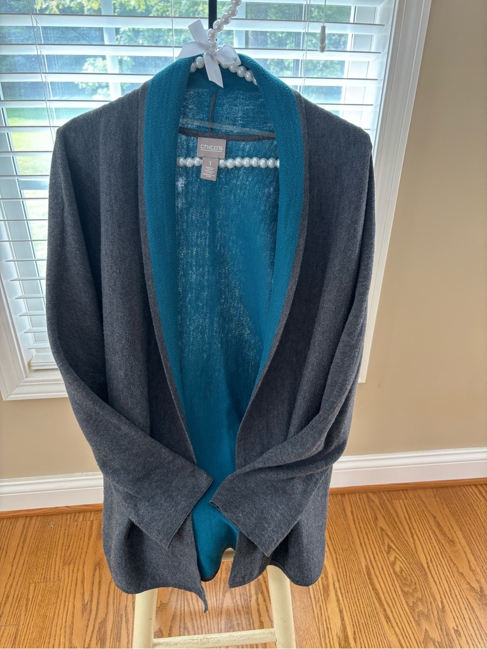 Chico's Two-Tone Charcoal Gray & Teal Open-Front Cardigan